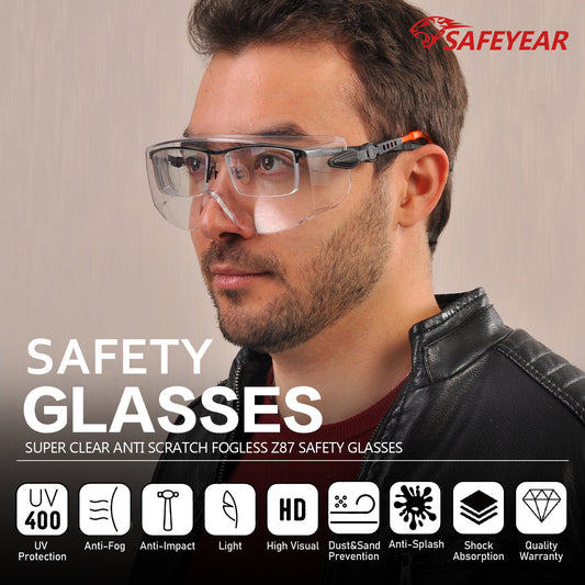 SAFEYEAR Over Glasses Safety Goggles ANSI/EN16321 - Anti-Fog Adjustable Arms