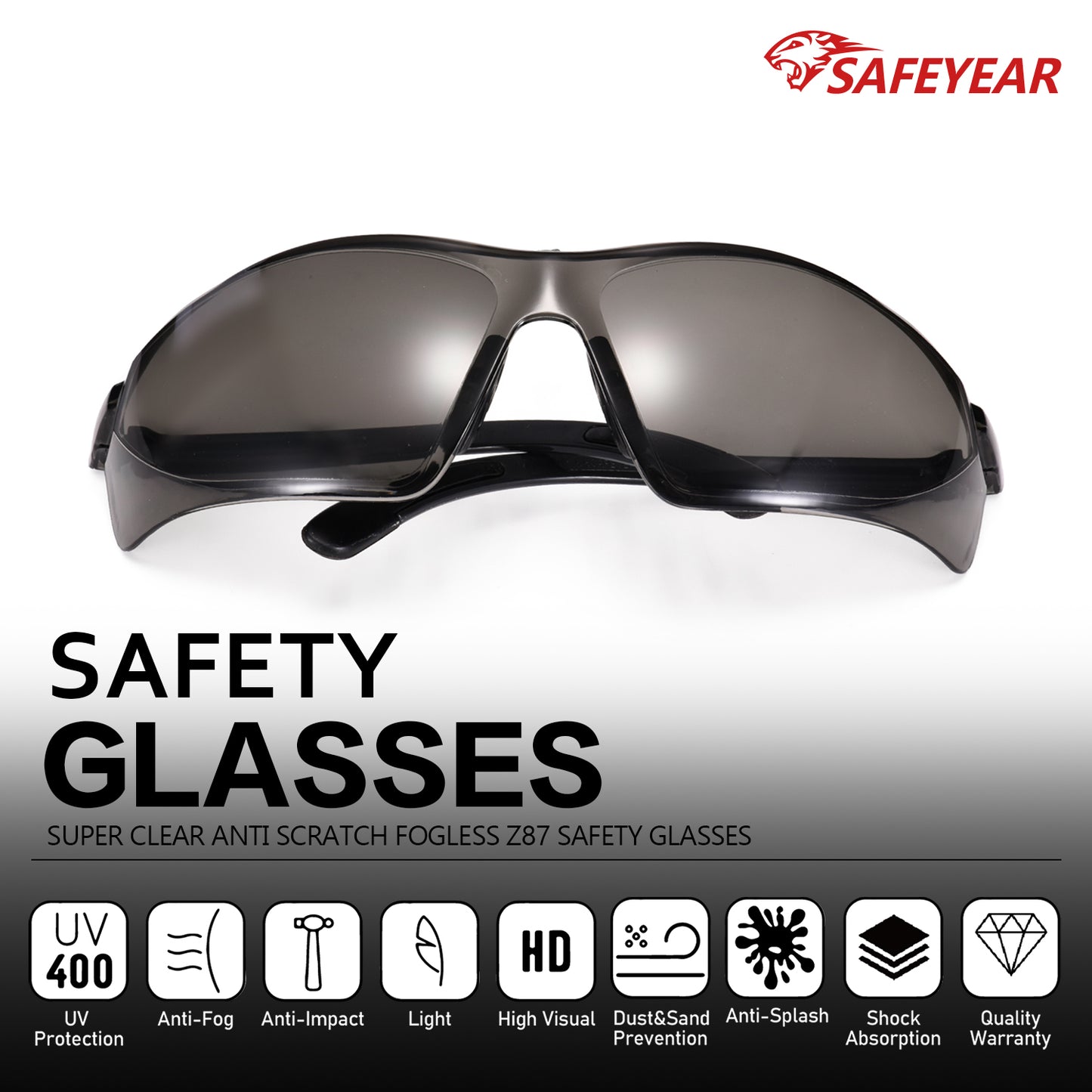 SAFEYEAR Safety Glasses – Clear Lens, UV Protection, Scratch Resistant, ANSI Z87+ (SG003BK)