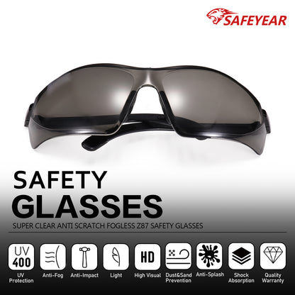 SAFEYEAR Safety Glasses – Clear Lens, UV Protection, Scratch Resistant, ANSI Z87+ (SG003BK)