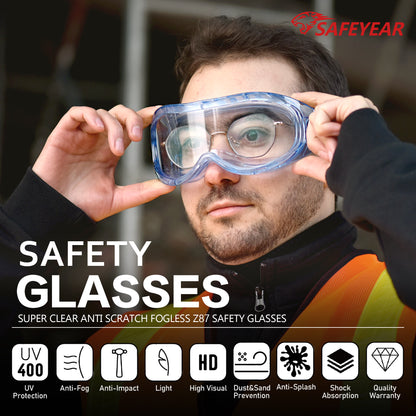 SAFEYEAR Anti Fog Safety Goggles Blue【ANSI Z87 Approved】 HD Scratch Resistant Safety Glasses for Men and Women, VU Protection Over Glasses Work Goggles