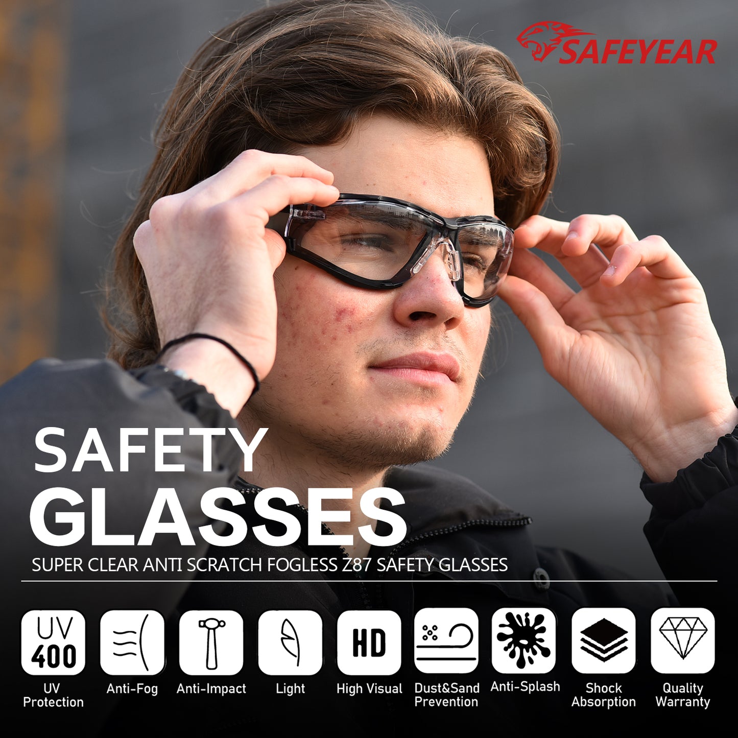 ANSI & EN16321 Safety Glasses - Anti-Fog/Scratch Resistant, Clear Lens with Free Head Strap
