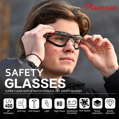 ANSI & EN16321 Safety Glasses - Anti-Fog/Scratch Resistant, Clear Lens with Free Head Strap