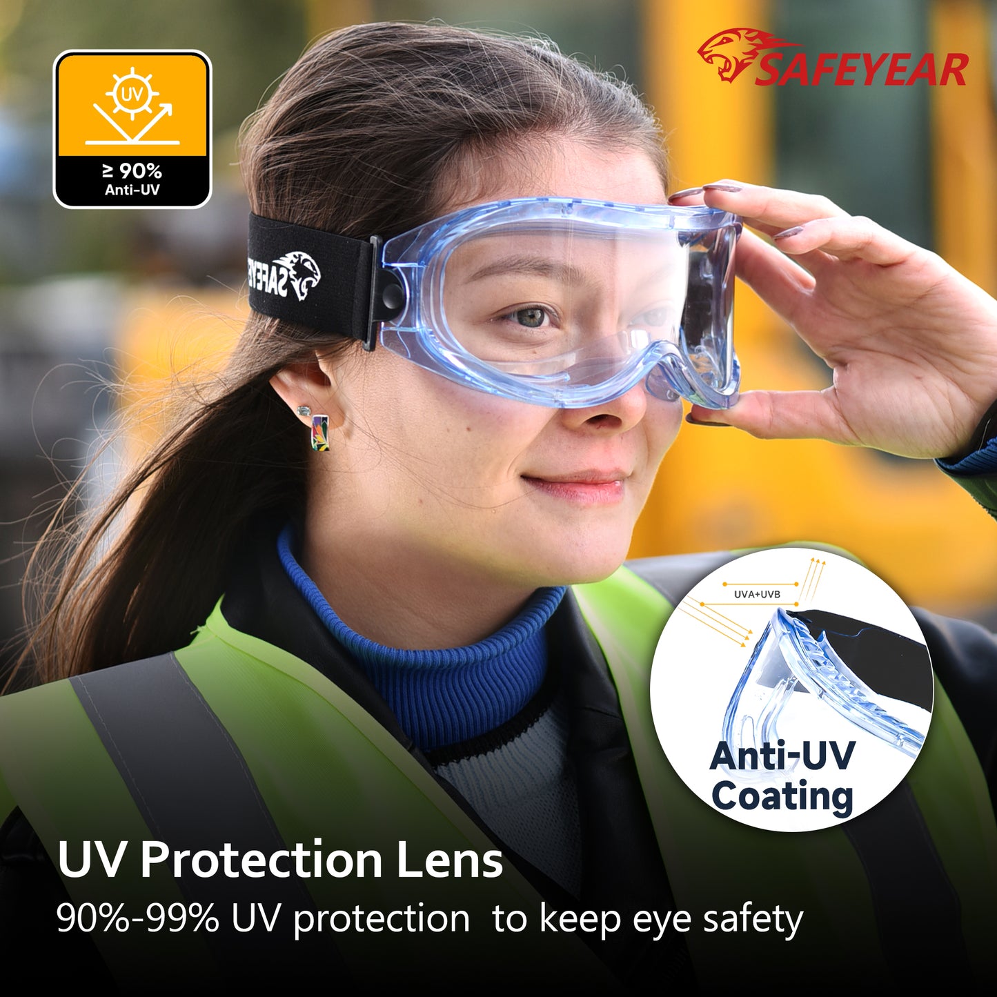 SAFEYEAR Anti Fog Safety Goggles Blue【ANSI Z87 Approved】 HD Scratch Resistant Safety Glasses for Men and Women, VU Protection Over Glasses Work Goggles