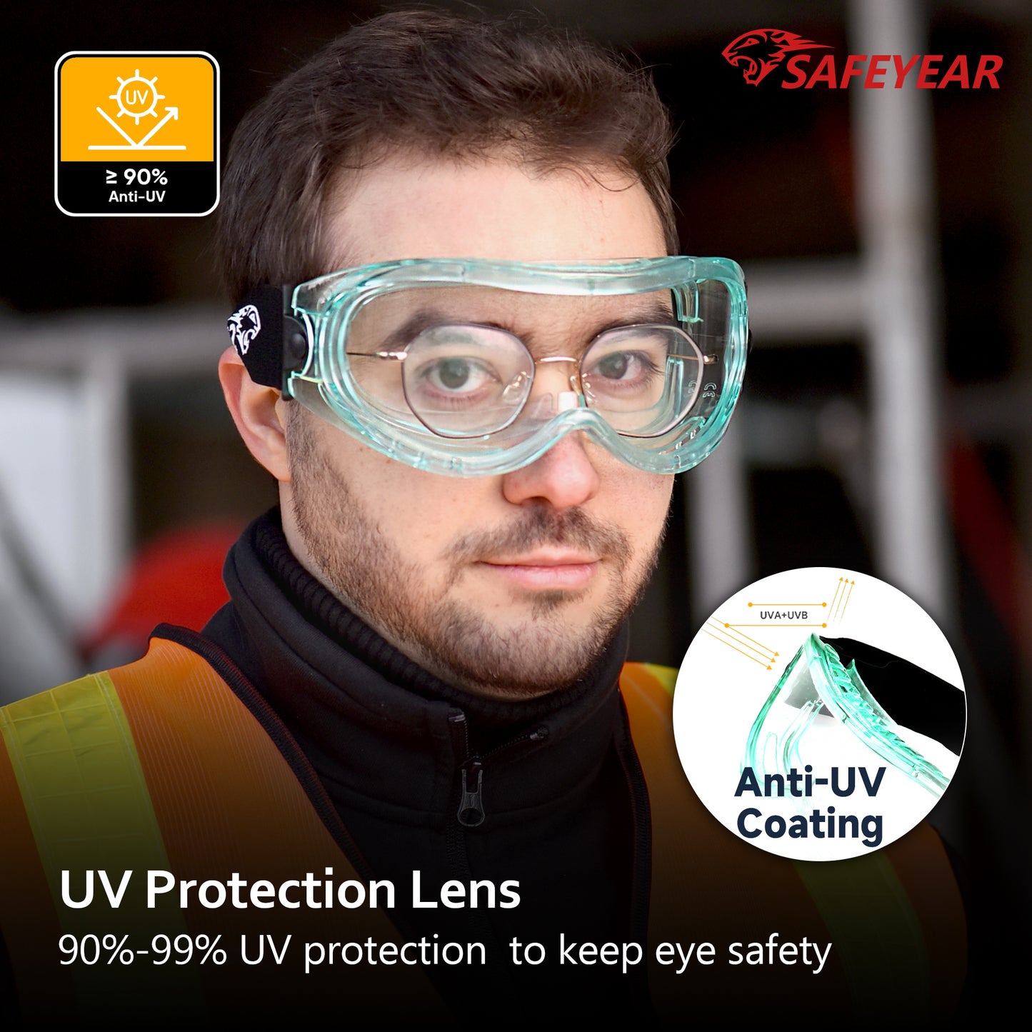 SAFEYEAR Anti Fog Safety Goggles Green【ANSI Z87 Approved】 HD Scratch Resistant Safety Glasses for Men and Women, VU Protection Over Glasses Work Goggles