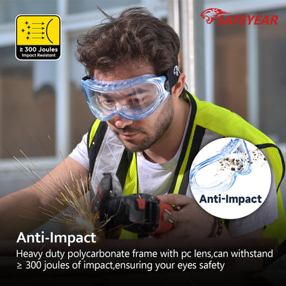 SAFEYEAR Anti Fog Safety Goggles Blue【ANSI Z87 Approved】 HD Scratch Resistant Safety Glasses for Men and Women, VU Protection Over Glasses Work Goggles