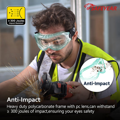 SAFEYEAR Anti Fog Safety Goggles Green【ANSI Z87 Approved】 HD Scratch Resistant Safety Glasses for Men and Women, VU Protection Over Glasses Work Goggles