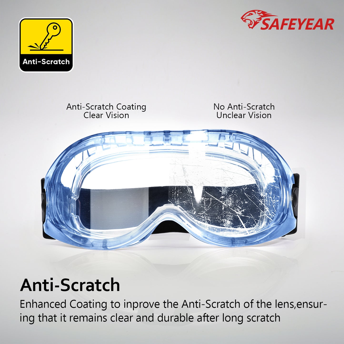 SAFEYEAR Anti Fog Safety Goggles Blue【ANSI Z87 Approved】 HD Scratch Resistant Safety Glasses for Men and Women, VU Protection Over Glasses Work Goggles