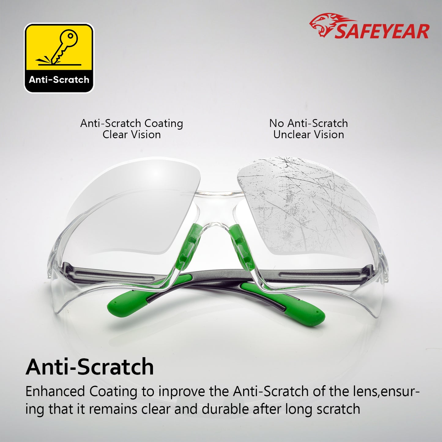 SAFEYEAR Safety Glasses – Clear Lens, UV Protection, Scratch Resistant, Z87+ Certified (SG003GN)