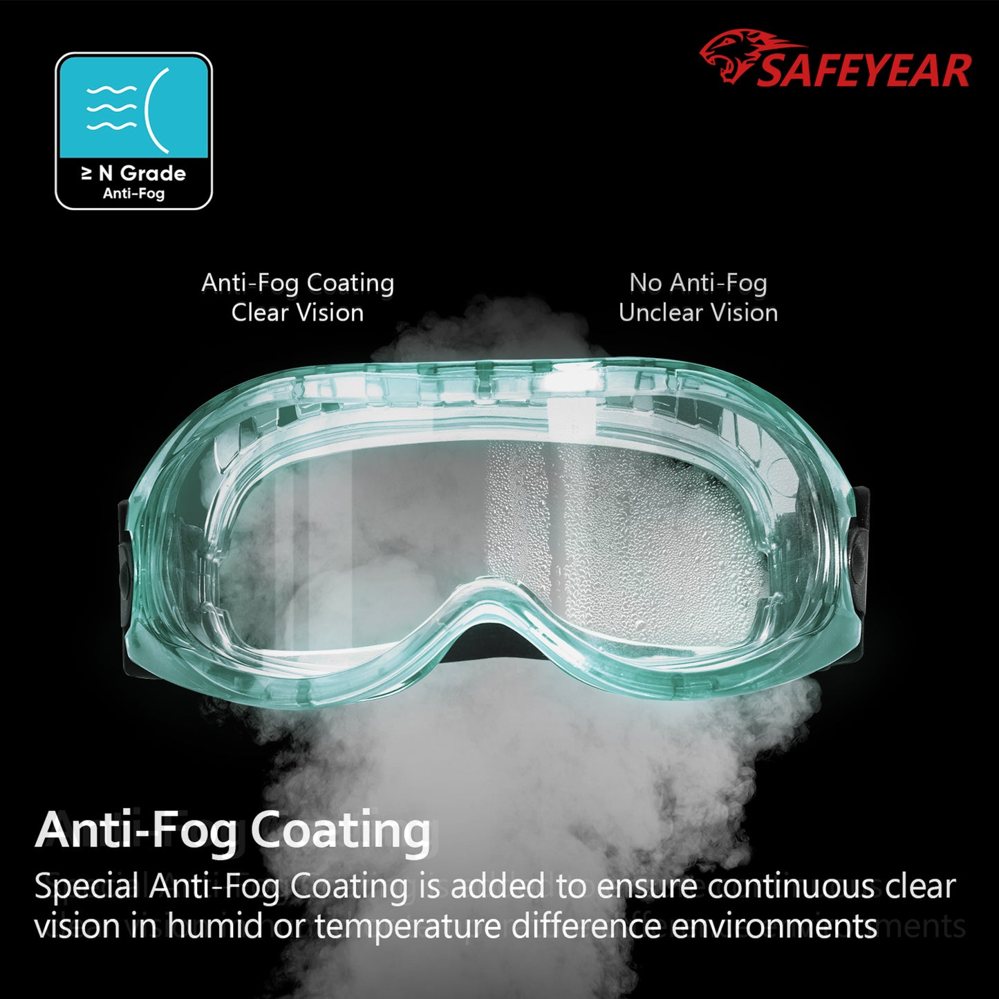 SAFEYEAR Anti Fog Safety Goggles Green【ANSI Z87 Approved】 HD Scratch Resistant Safety Glasses for Men and Women, VU Protection Over Glasses Work Goggles