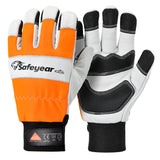 SAFEYEAR Chainsaw Gloves, Chainsaw Protection on Hand,White Cowhide Leather Palm & Back, PVC Reinforced Fingers & Palm, EVA Padding for Shock Absorption (Year)