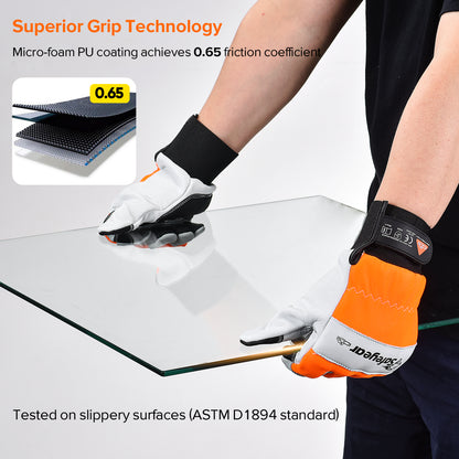 SAFEYEAR Chainsaw Gloves, Chainsaw Protection on Hand,White Cowhide Leather Palm & Back, PVC Reinforced Fingers & Palm, EVA Padding for Shock Absorption (Year)