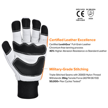 SAFEYEAR Chainsaw Gloves, Chainsaw Protection on Hand,White Cowhide Leather Palm & Back, PVC Reinforced Fingers & Palm, EVA Padding for Shock Absorption (Year)