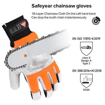 SAFEYEAR Chainsaw Gloves, Chainsaw Protection on Hand,White Cowhide Leather Palm & Back, PVC Reinforced Fingers & Palm, EVA Padding for Shock Absorption (Year)