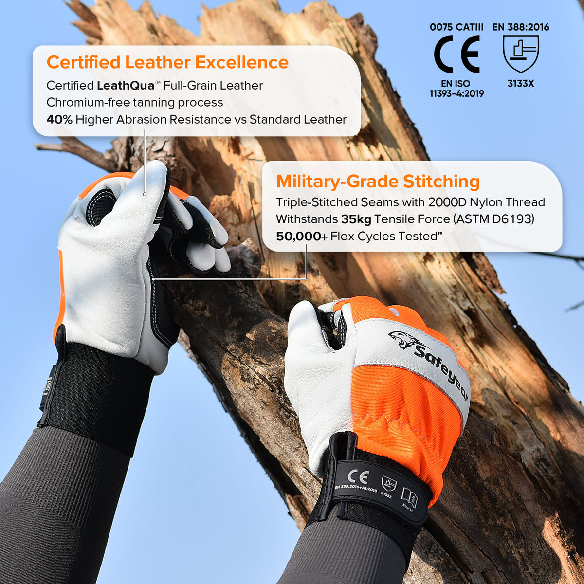 SAFEYEAR Chainsaw Gloves, Chainsaw Protection on Hand,White Cowhide Leather Palm & Back, PVC Reinforced Fingers & Palm, EVA Padding for Shock Absorption (Year)