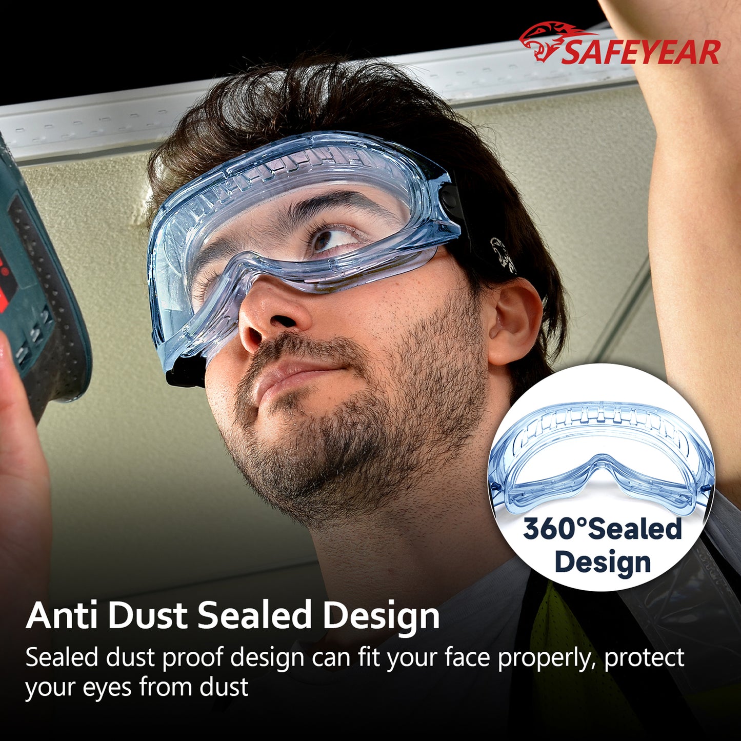 SAFEYEAR Anti Fog Safety Goggles Blue【ANSI Z87 Approved】 HD Scratch Resistant Safety Glasses for Men and Women, VU Protection Over Glasses Work Goggles