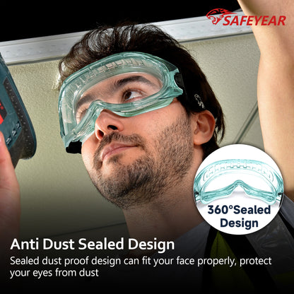 SAFEYEAR Anti Fog Safety Goggles Green【ANSI Z87 Approved】 HD Scratch Resistant Safety Glasses for Men and Women, VU Protection Over Glasses Work Goggles