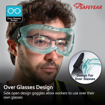 SAFEYEAR Anti Fog Safety Goggles Green【ANSI Z87 Approved】 HD Scratch Resistant Safety Glasses for Men and Women, VU Protection Over Glasses Work Goggles