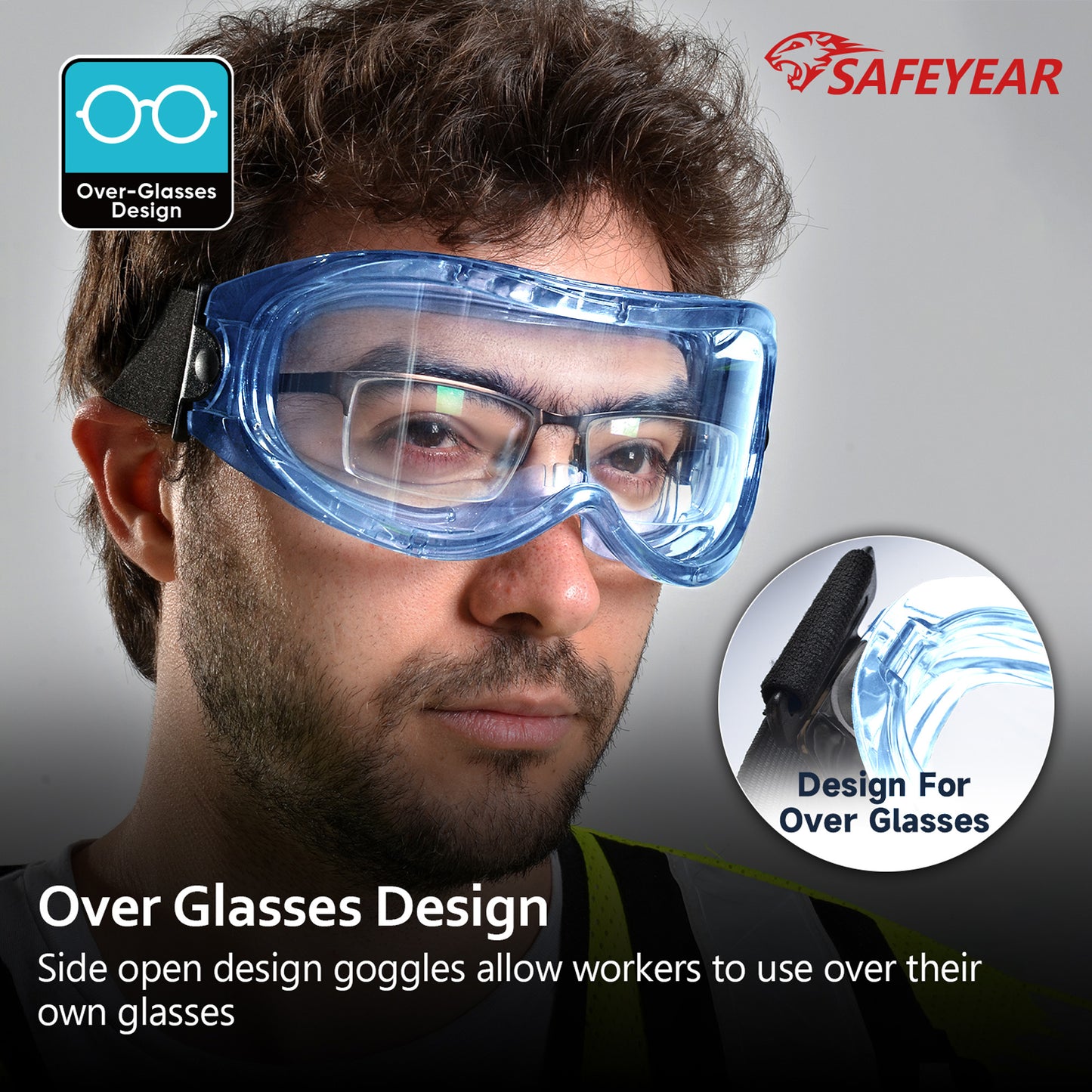 SAFEYEAR Anti Fog Safety Goggles Blue【ANSI Z87 Approved】 HD Scratch Resistant Safety Glasses for Men and Women, VU Protection Over Glasses Work Goggles