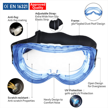 SAFEYEAR Anti Fog Safety Goggles Blue【ANSI Z87 Approved】 HD Scratch Resistant Safety Glasses for Men and Women, VU Protection Over Glasses Work Goggles