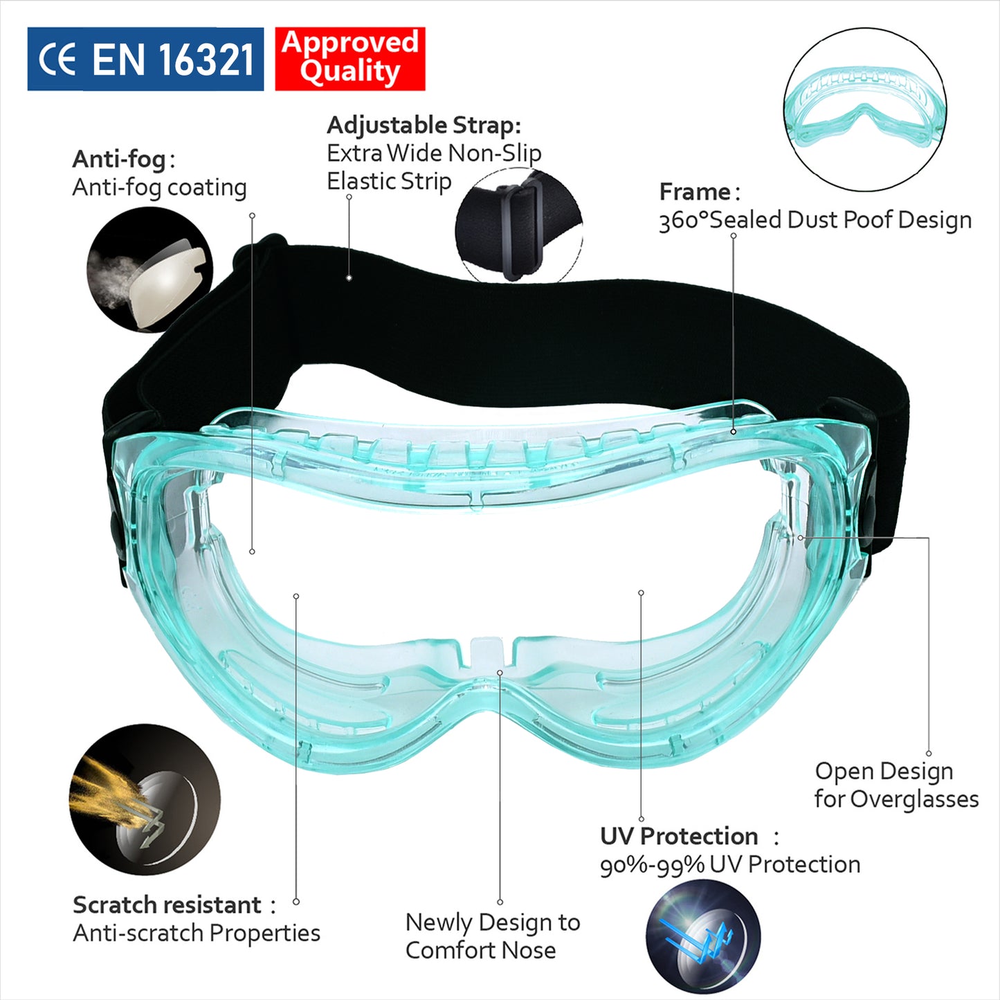 SAFEYEAR Anti Fog Safety Goggles Green【ANSI Z87 Approved】 HD Scratch Resistant Safety Glasses for Men and Women, VU Protection Over Glasses Work Goggles