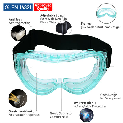 SAFEYEAR Anti Fog Safety Goggles Green【ANSI Z87 Approved】 HD Scratch Resistant Safety Glasses for Men and Women, VU Protection Over Glasses Work Goggles