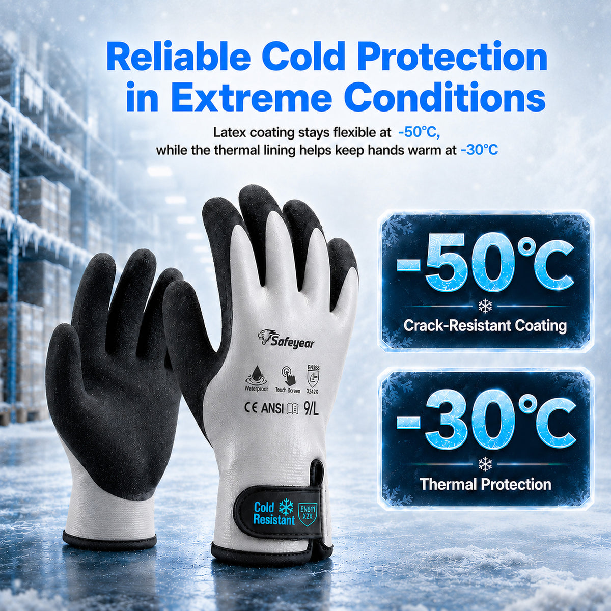 SAFEYEAR Waterproof Winter Work Gloves, EN388 EN511-30°C Cold Resistant Thermal Lined Gloves（Year）