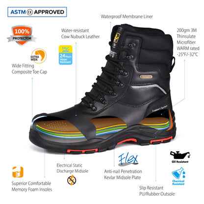 Safetoe Men's Insulated Waterproof Work Boots Composite Toe Industrial safety（H-9552BK）