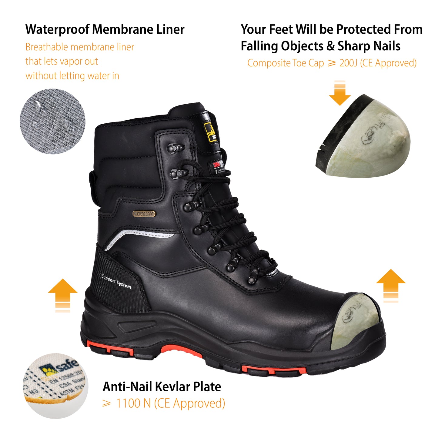 Safetoe Men's Insulated Waterproof Work Boots Composite Toe Industrial safety（H-9552BK）