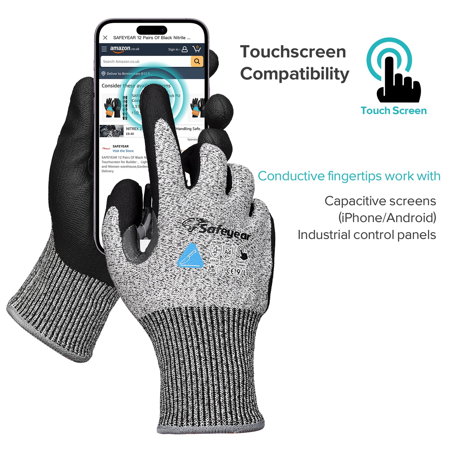 SAFEYEAR Level 5 Cut Resistant Safety Gloves, Nitrile Coated Work Gloves, Anti-Slip & Abrasion Resistant Hand Protection, Touchscreen Compatible, M for Construction, Gardening, Durable & Comfortable