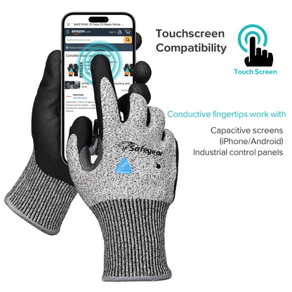 SAFEYEAR Level 5 Cut Resistant Safety Gloves, Nitrile Coated Work Gloves, Anti-Slip & Abrasion Resistant Hand Protection, Touchscreen Compatible, M for Construction, Gardening, Durable & Comfortable