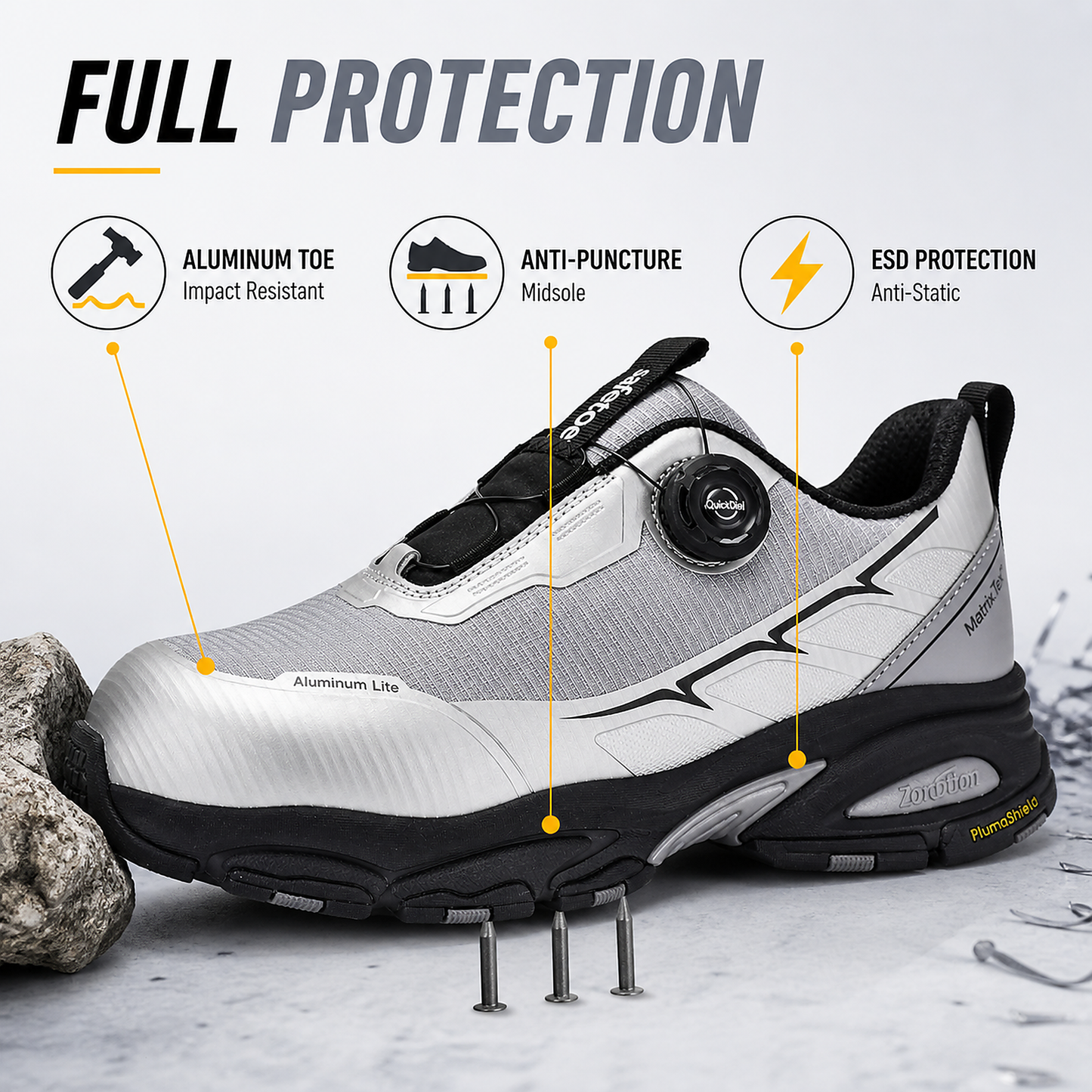 Lightweight QuickDial Safety Sneakers, S1P Aluminum Toe & Matrix-Tex PE Plate L-7601 Silver