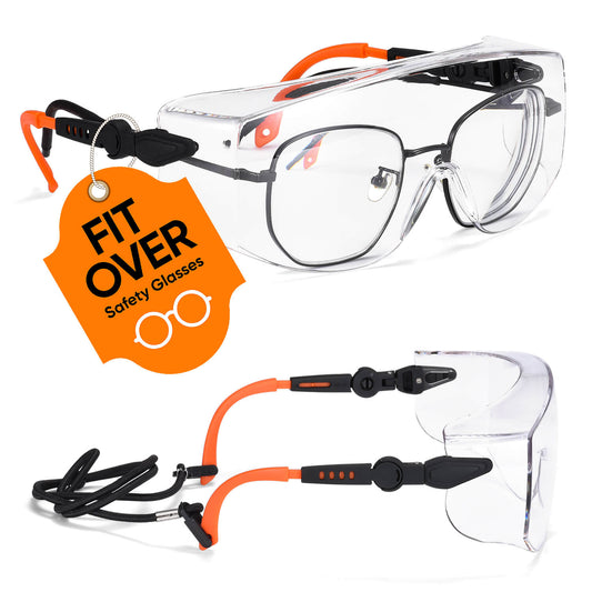 SAFEYEAR Over Glasses Safety Goggles ANSI/EN16321 - Anti-Fog Adjustable Arms