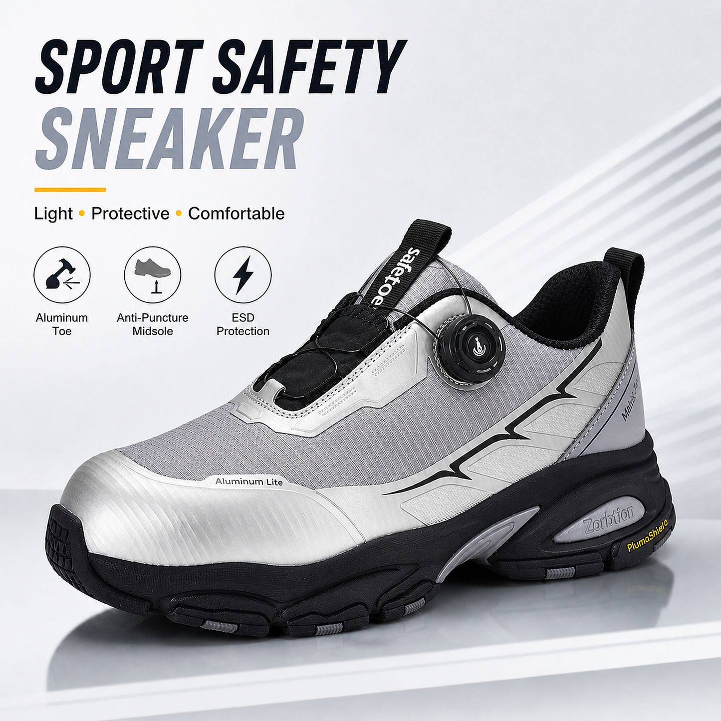 Lightweight QuickDial Safety Sneakers, S1P Aluminum Toe & Matrix-Tex PE Plate L-7601 Silver