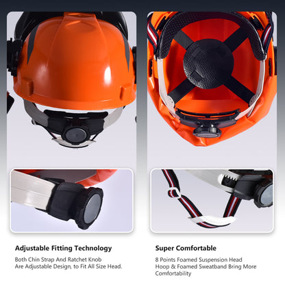 Casco de seguridad SAFEYEAR, casco con orejeras, correa de malla protectora para la cara, tamaño ajustable con perilla 