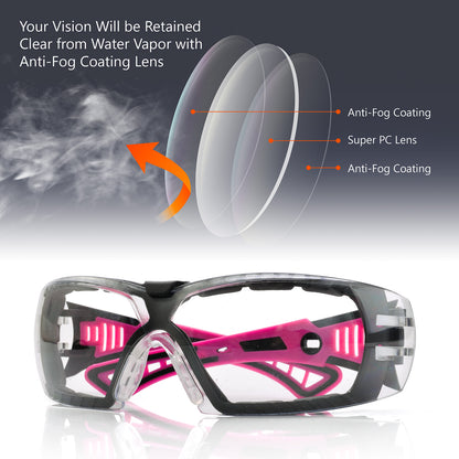 SAFEYEAR Womens Anti Fog Safety Goggles with HD Anti Scratch Resistant Lenses Work Goggles for Women, Adjustable Neck Cord,UV Protection Pink Safety Glasses for DIY, Lab,Grinding,Cycling, MTB