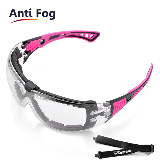 SAFEYEAR Womens Anti Fog Safety Goggles with HD Anti Scratch Resistant Lenses Work Goggles for Women, Adjustable Neck Cord,UV Protection Pink Safety Glasses for DIY, Lab,Grinding,Cycling, MTB