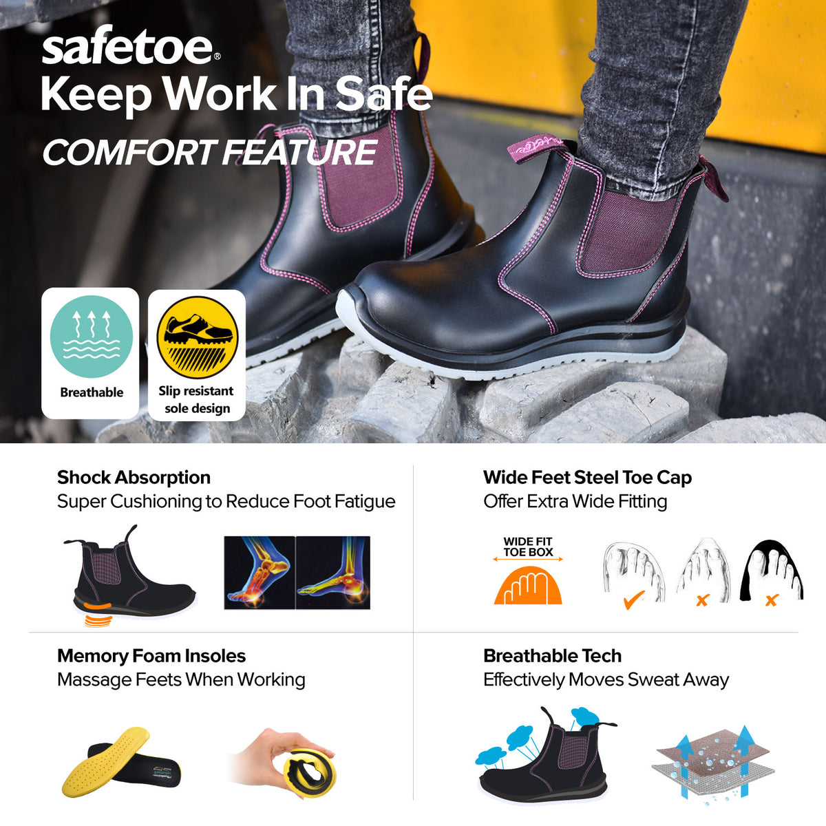 SAFETOE Safety Women Shoes Work Boots Light Weight Steel Toe Cap Water ...